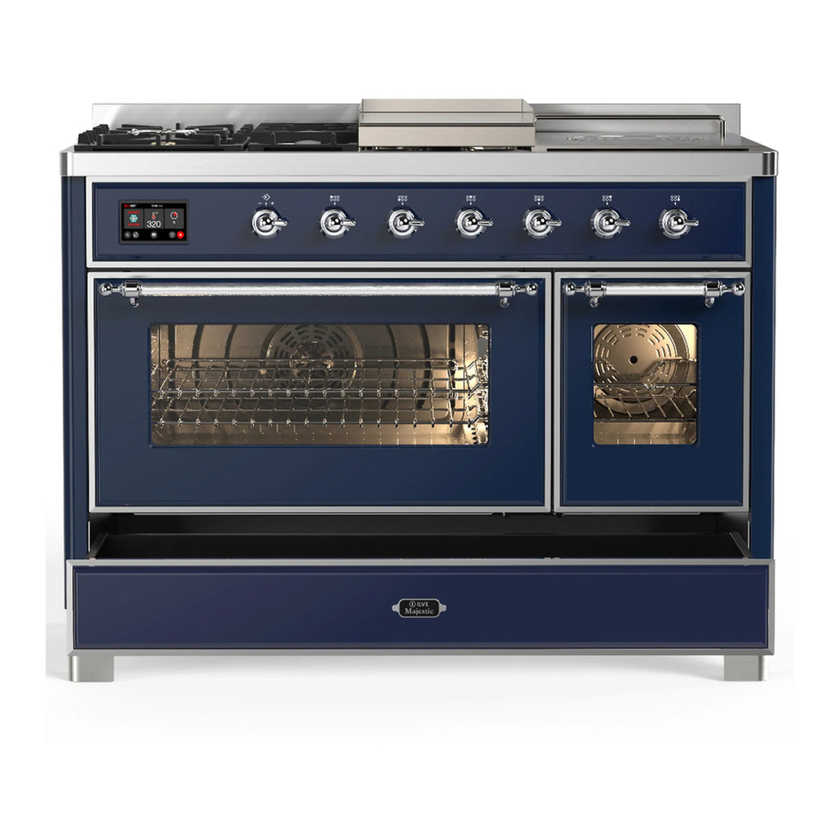 ILVE Majestic III 48-inch Dual Fuel Range with 5 Natural Gas Burner, Griddle, French Top and Triple Glass Door Electric Oven in Midnight Blue with Chrome Trim (UM48FSNR3MBC)
