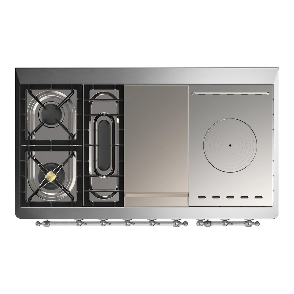 ILVE Majestic III 48-inch Dual Fuel Range with 5 Liquid Propane Burner, Griddle, French Top and Triple Glass Door Electric Oven in Midnight Blue with Chrome Trim (UM48FSNR3MBCLP)