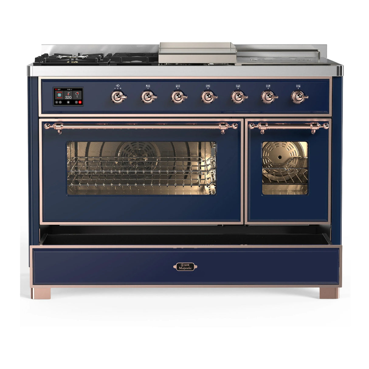 ILVE Majestic III 48-inch Dual Fuel Range with 5 Liquid Propane Burner, Griddle, French Top and Triple Glass Door Electric Oven in Midnight Blue with Copper Trim (UM48FSNR3MBPLP)