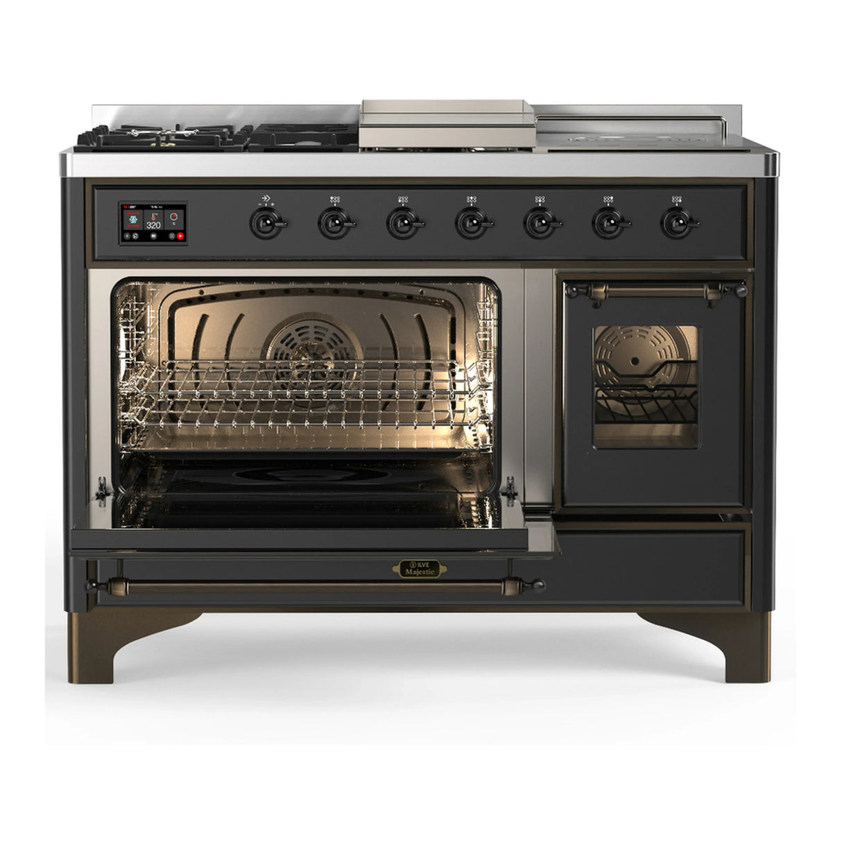 ILVE Majestic III 48-inch Dual Fuel Range with 5 Liquid Propane Burner, Griddle, French Top and Triple Glass Door Electric Oven in Graphite Matte with Burnished Trim (UM48FSNR3MGBLP)