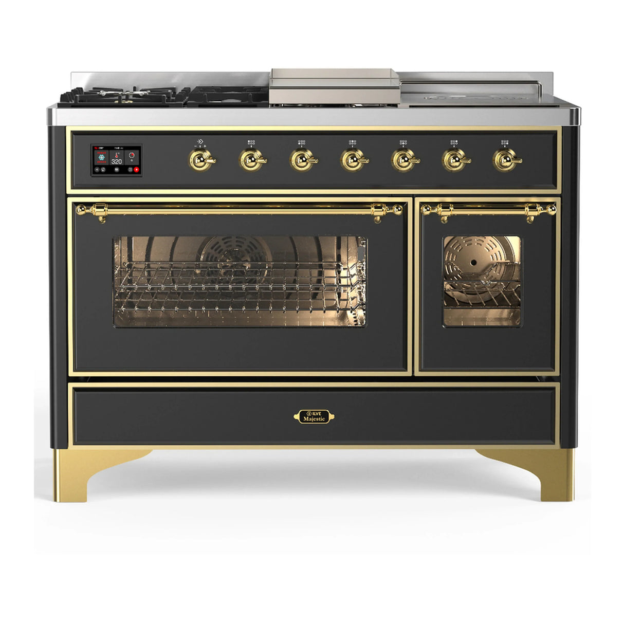 ILVE Majestic III 48-inch Dual Fuel Range with 5 Liquid Propane Burner, Griddle, French Top and Triple Glass Door Electric Oven in Graphite Matte with Brass Trim (UM48FSNR3MGGLP)