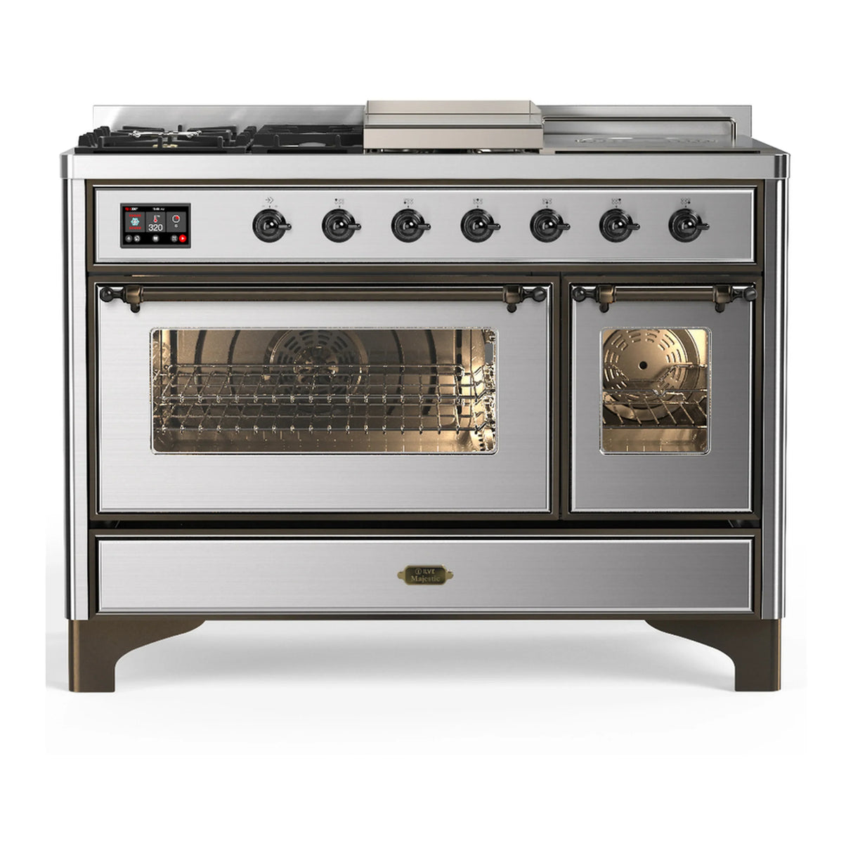 ILVE Majestic III 48-inch Dual Fuel Range with 5 Natural Gas Burner, Griddle, French Top and Triple Glass Door Electric Oven in Stainless Steel with Burnished Trim (UM48FSNR3SSB)