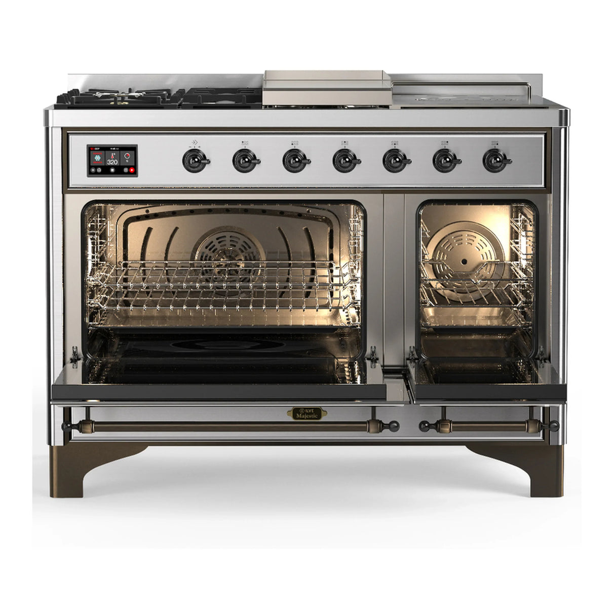 ILVE Majestic III 48-inch Dual Fuel Range with 5 Liquid Propane Burner, Griddle, French Top and Triple Glass Door Electric Oven in Stainless Steel with Burnished Trim (UM48FSNR3SSBLP)