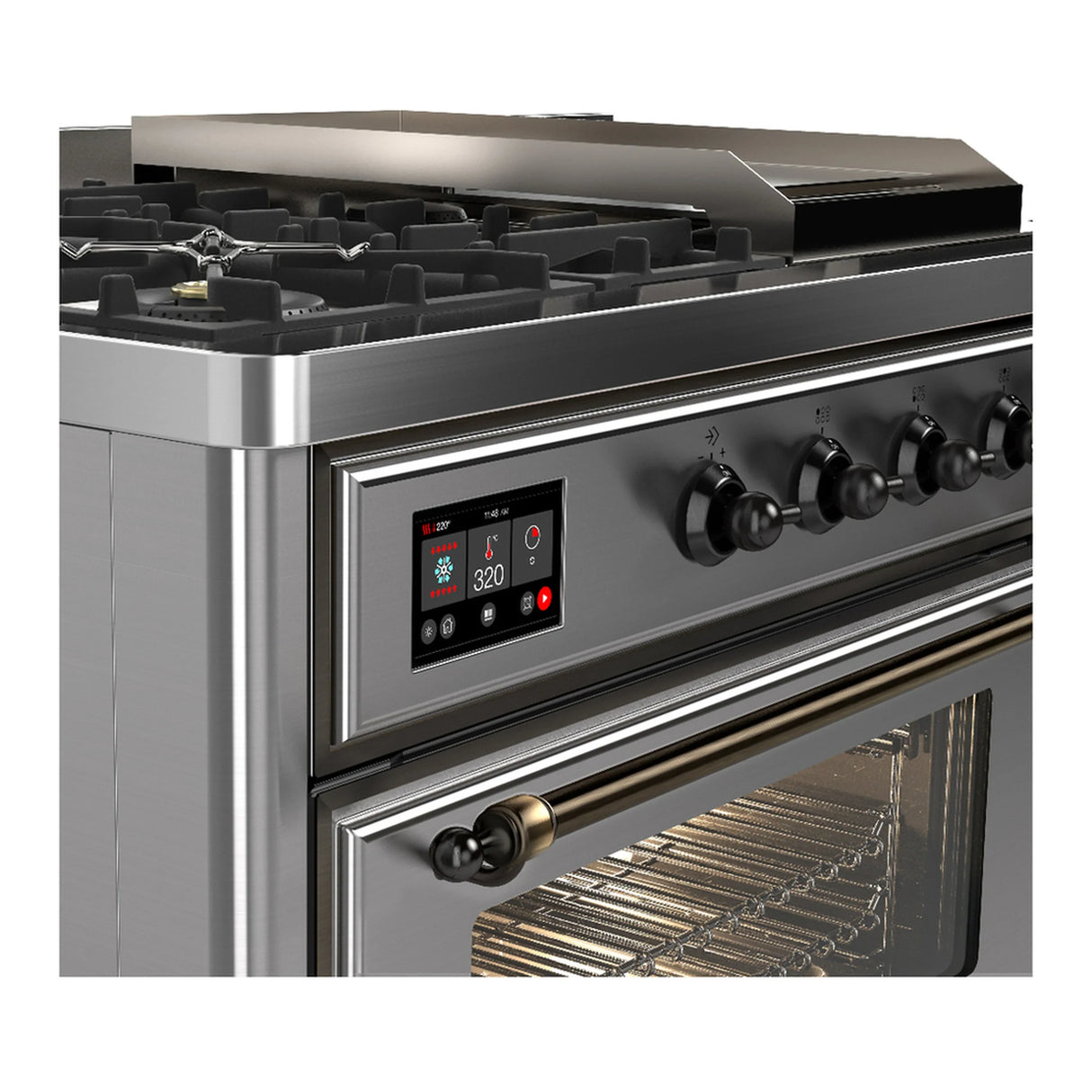 ILVE Majestic III 48-inch Dual Fuel Range with 5 Liquid Propane Burner, Griddle, French Top and Triple Glass Door Electric Oven in Stainless Steel with Burnished Trim (UM48FSNR3SSBLP)