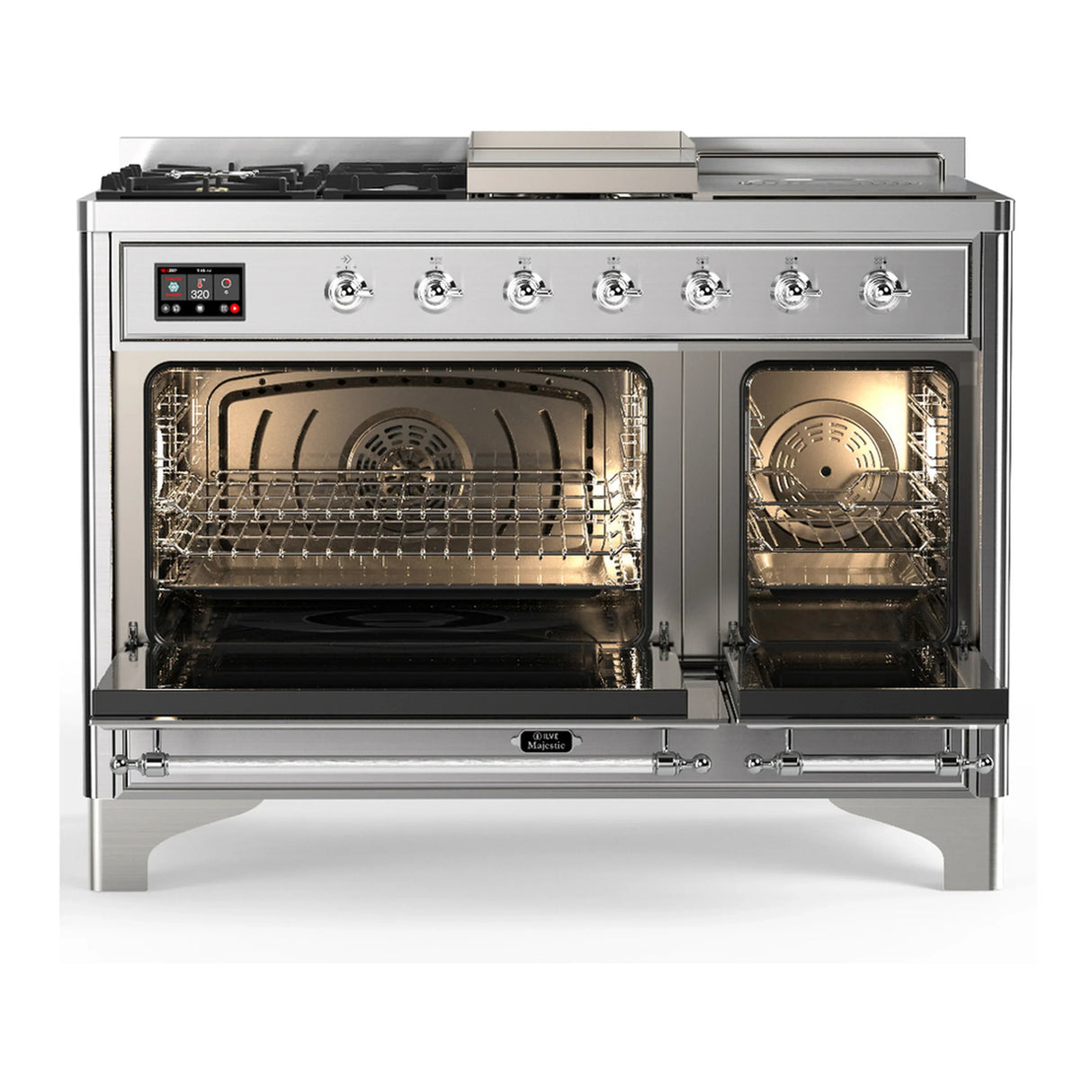 ILVE Majestic III 48-inch Dual Fuel Range with 5 Liquid Propane Burner, Griddle, French Top and Triple Glass Door Electric Oven in Stainless Steel with Chrome Trim (UM48FSNR3SSCLP)