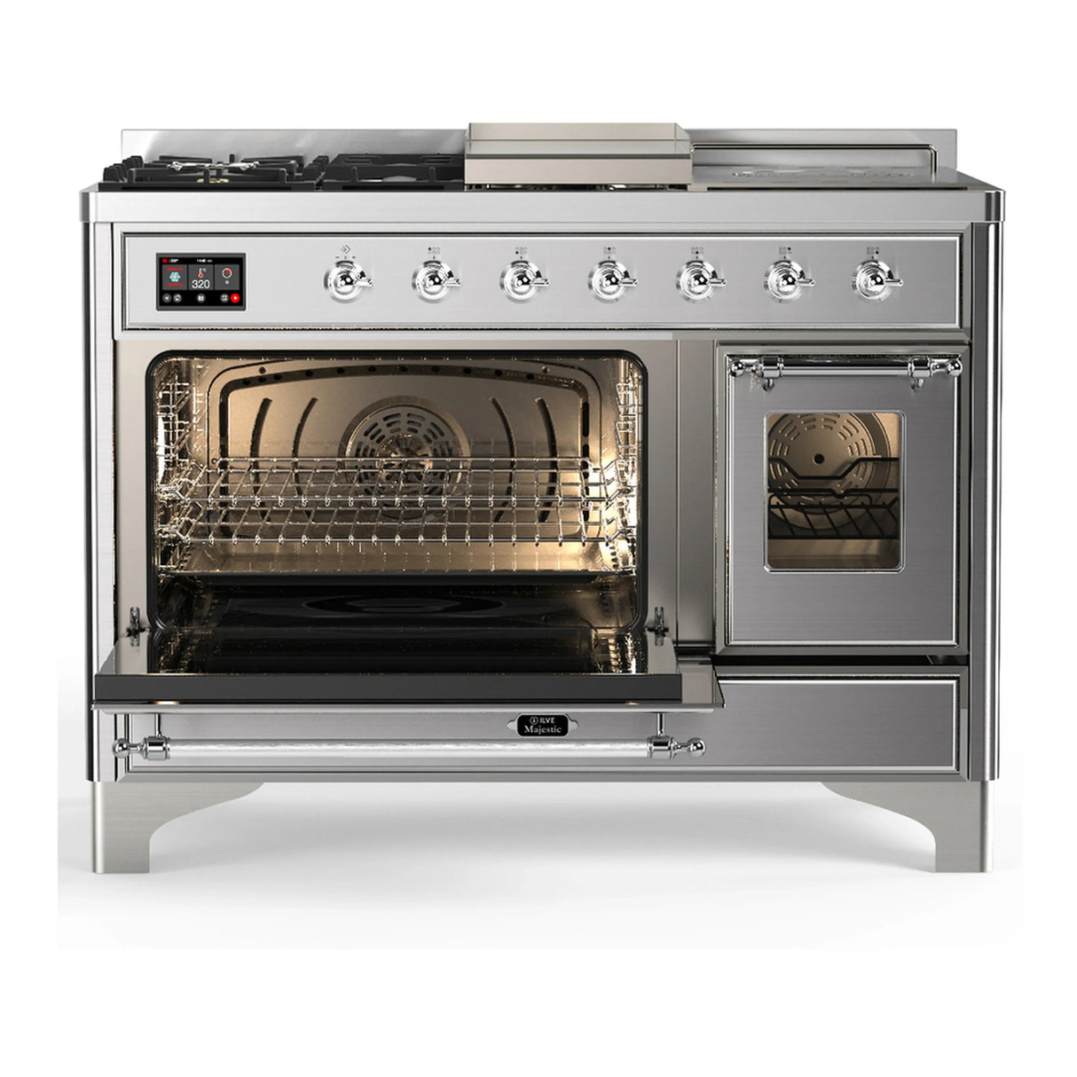 ILVE Majestic III 48-inch Dual Fuel Range with 5 Liquid Propane Burner, Griddle, French Top and Triple Glass Door Electric Oven in Stainless Steel with Chrome Trim (UM48FSNR3SSCLP)