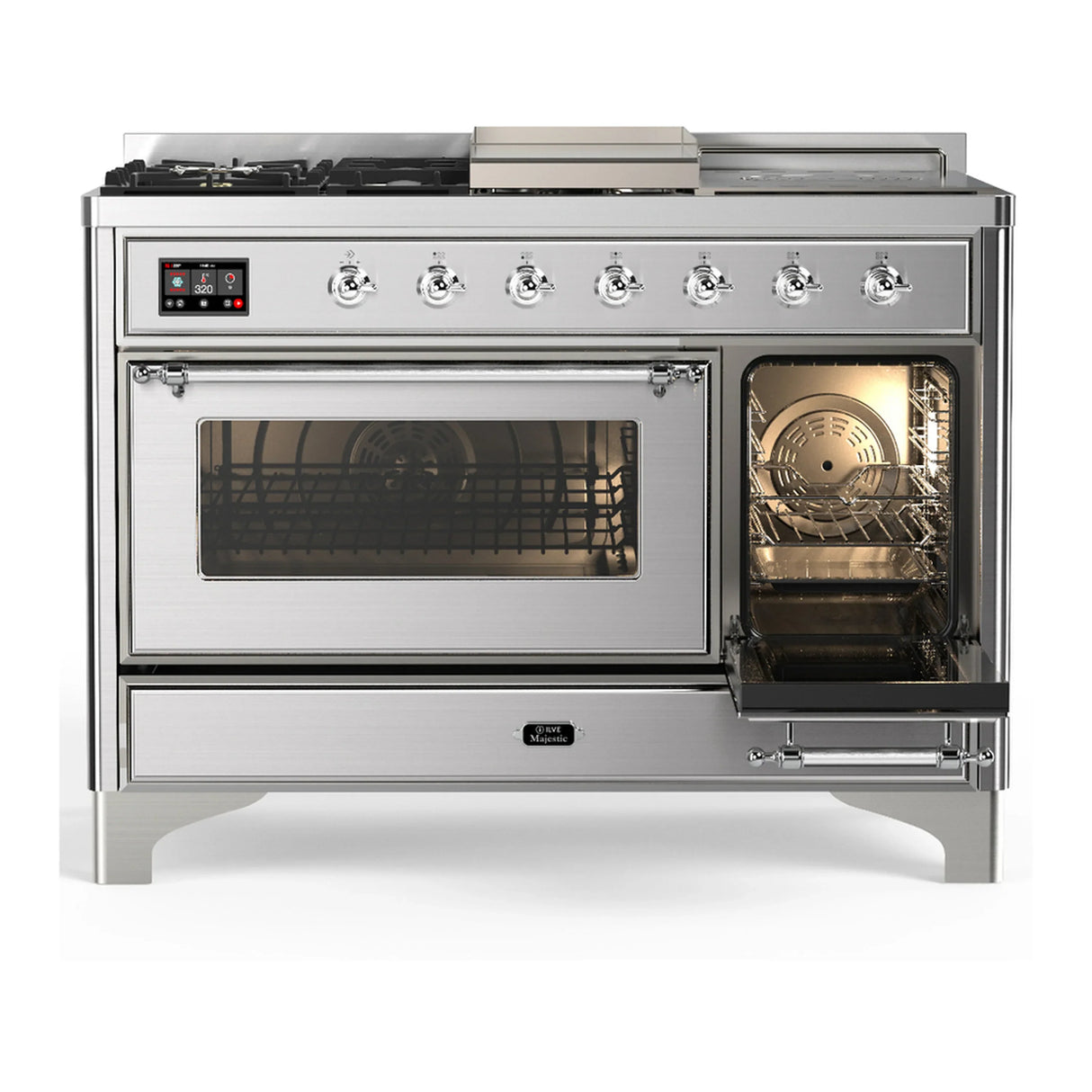 ILVE Majestic III 48-inch Dual Fuel Range with 5 Liquid Propane Burner, Griddle, French Top and Triple Glass Door Electric Oven in Stainless Steel with Chrome Trim (UM48FSNR3SSCLP)