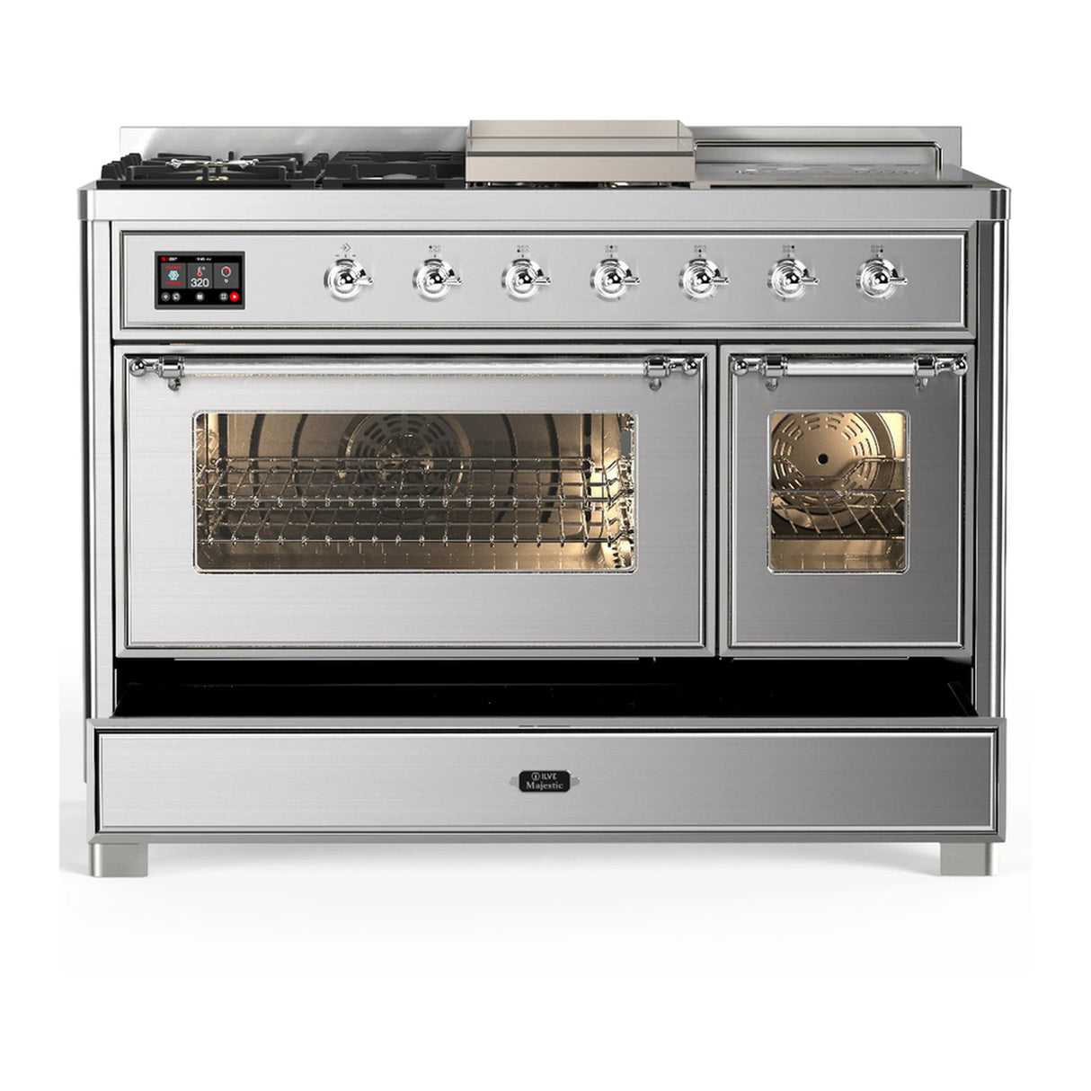 ILVE Majestic III 48-inch Dual Fuel Range with 5 Liquid Propane Burner, Griddle, French Top and Triple Glass Door Electric Oven in Stainless Steel with Chrome Trim (UM48FSNR3SSCLP)