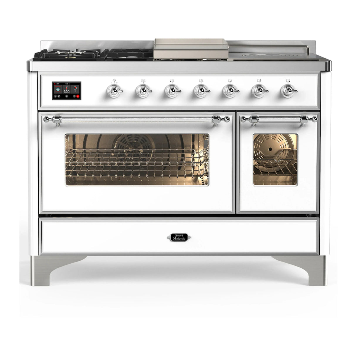 ILVE Majestic III 48-inch Dual Fuel Range with 5 Liquid Propane Burner, Griddle, French Top and Triple Glass Door Electric Oven in White with Chrome Trim (UM48FSNR3WHCLP)