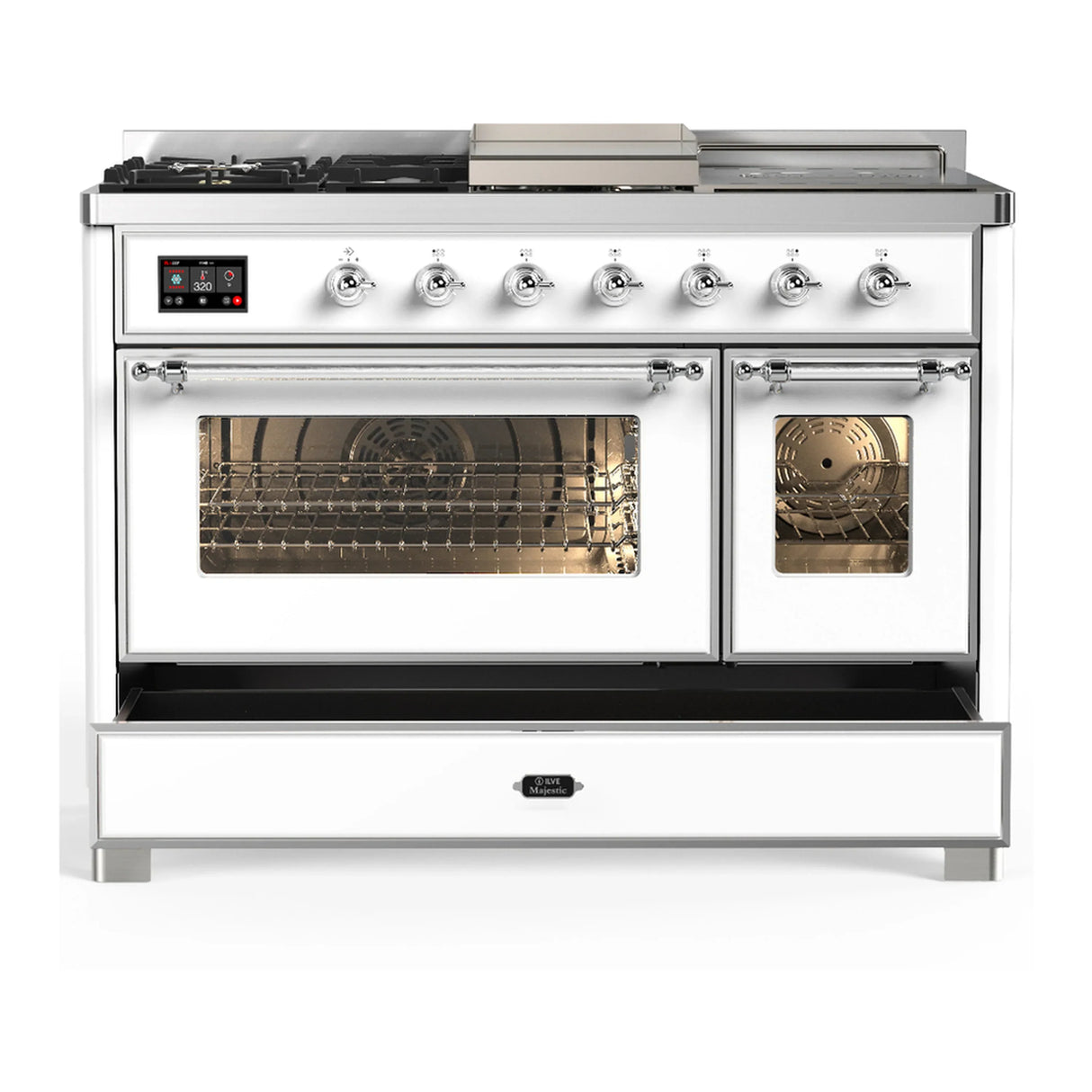 ILVE Majestic III 48-inch Dual Fuel Range with 5 Liquid Propane Burner, Griddle, French Top and Triple Glass Door Electric Oven in White with Chrome Trim (UM48FSNR3WHCLP)