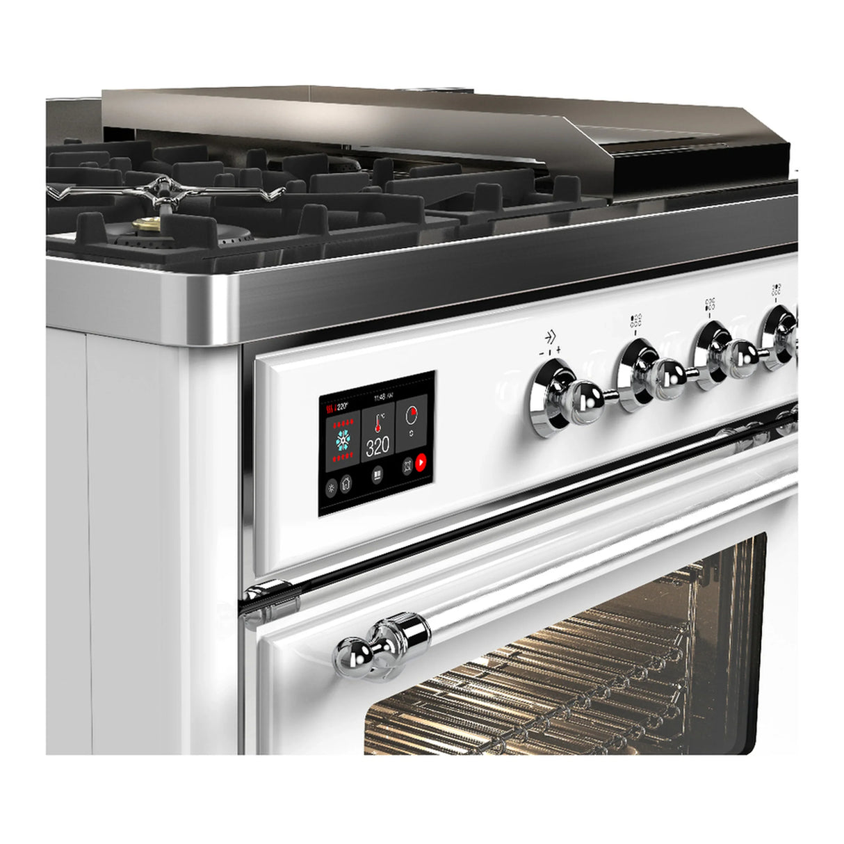 ILVE Majestic III 48-inch Dual Fuel Range with 5 Liquid Propane Burner, Griddle, French Top and Triple Glass Door Electric Oven in White with Chrome Trim (UM48FSNR3WHCLP)