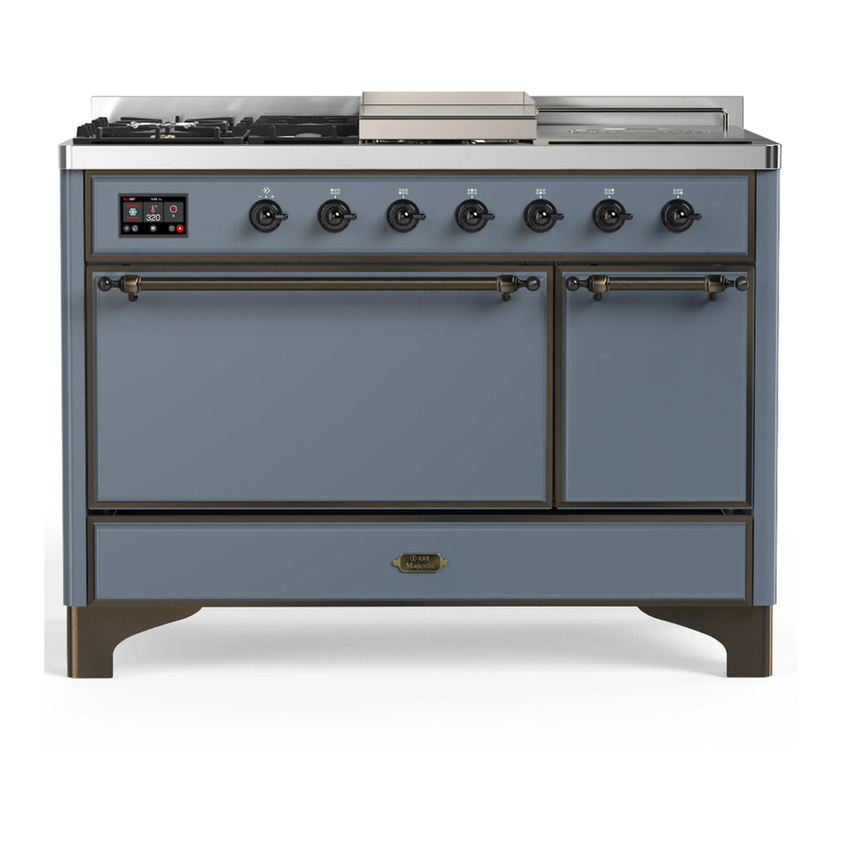 ILVE Majestic III 48-inch Dual Fuel Range with 5 Natural Gas Burner, Griddle, French Top and Solid Door Electric Oven in Blue Grey with Burnished Trim (UM48FSQNR3BGB)