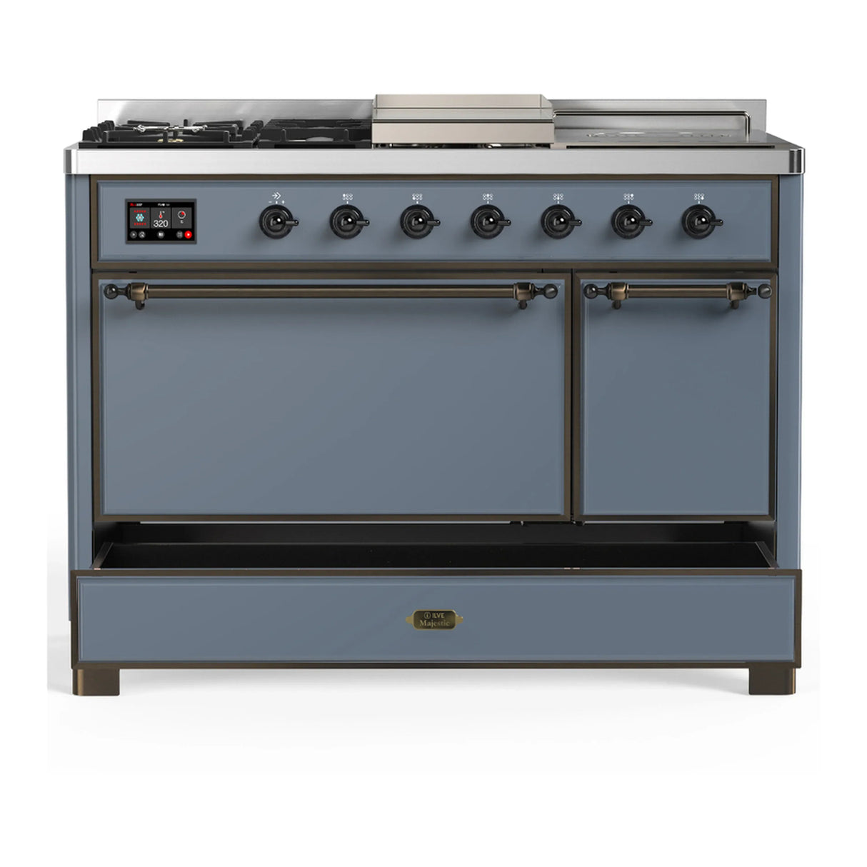 ILVE Majestic III 48-inch Dual Fuel Range with 5 Natural Gas Burner, Griddle, French Top and Solid Door Electric Oven in Blue Grey with Burnished Trim (UM48FSQNR3BGB)