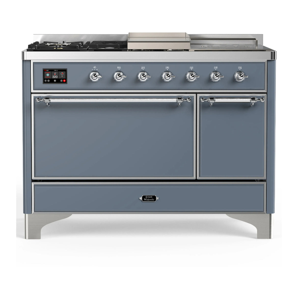 ILVE Majestic III 48-inch Dual Fuel Range with 5 Liquid Propane Burner, Griddle, French Top and Solid Door Electric Oven in Blue Grey with Chrome Trim (UM48FSQNR3BGCLP)