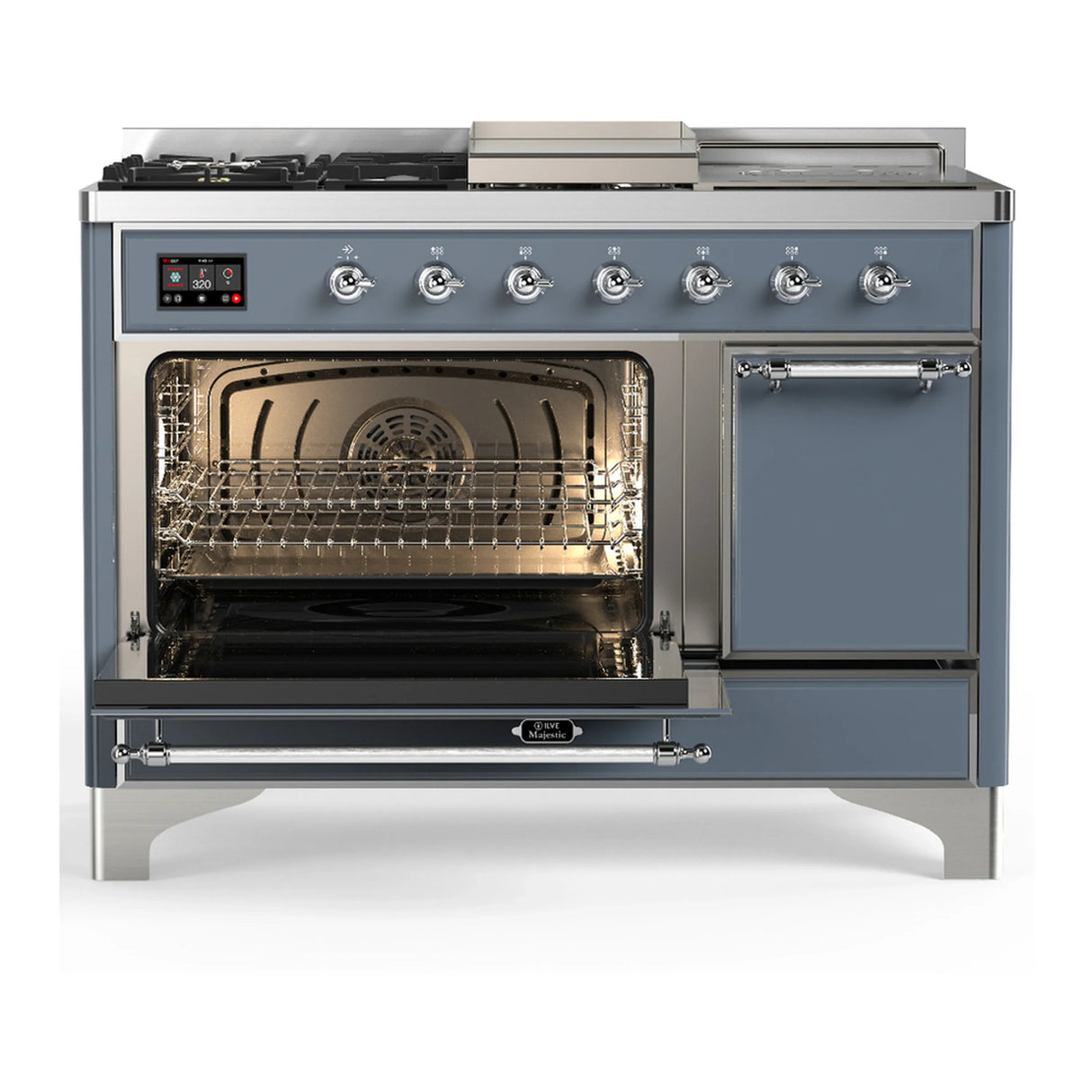 ILVE Majestic III 48-inch Dual Fuel Range with 5 Liquid Propane Burner, Griddle, French Top and Solid Door Electric Oven in Blue Grey with Chrome Trim (UM48FSQNR3BGCLP)