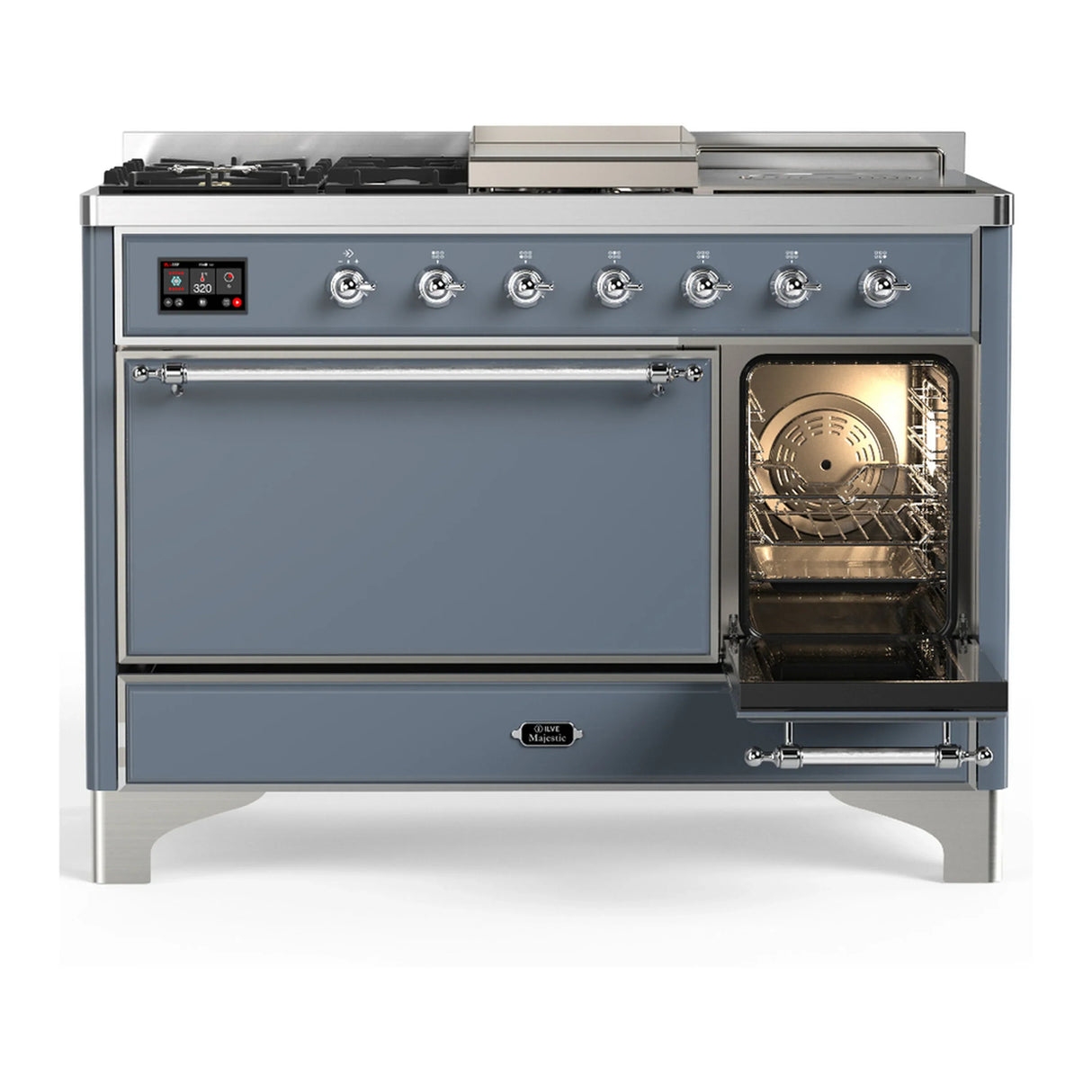 ILVE Majestic III 48-inch Dual Fuel Range with 5 Liquid Propane Burner, Griddle, French Top and Solid Door Electric Oven in Blue Grey with Chrome Trim (UM48FSQNR3BGCLP)
