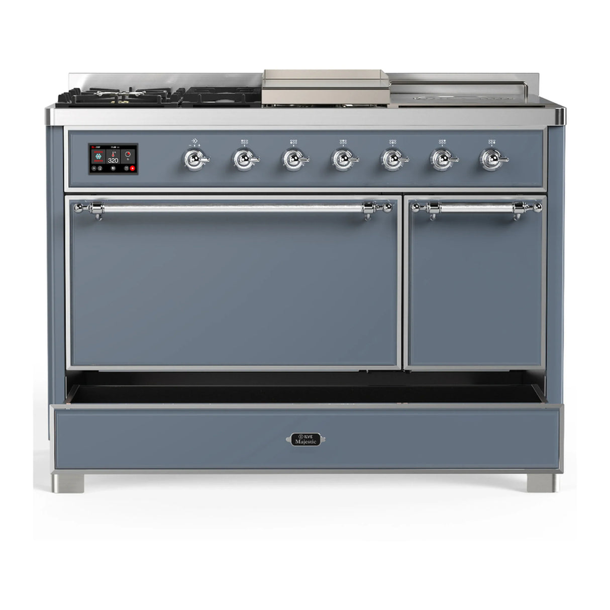 ILVE Majestic III 48-inch Dual Fuel Range with 5 Natural Gas Burner, Griddle, French Top and Solid Door Electric Oven in Blue Grey with Chrome Trim (UM48FSQNR3BGC)