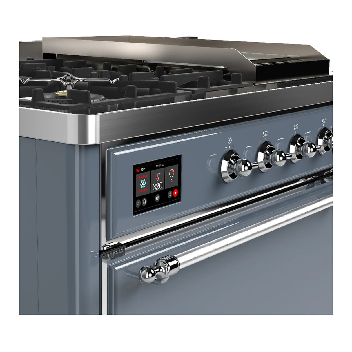 ILVE Majestic III 48-inch Dual Fuel Range with 5 Natural Gas Burner, Griddle, French Top and Solid Door Electric Oven in Blue Grey with Chrome Trim (UM48FSQNR3BGC)