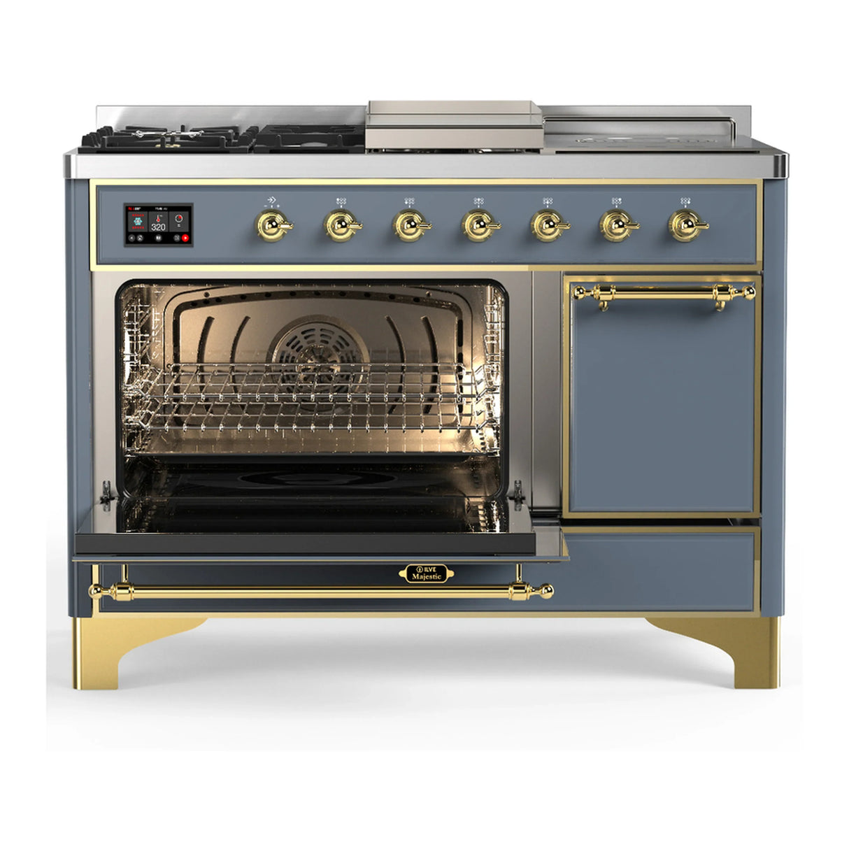 ILVE Majestic III 48-inch Dual Fuel Range with 5 Liquid Propane Burner, Griddle, French Top and Solid Door Electric Oven in Blue Grey with Brass Trim (UM48FSQNR3BGGLP)