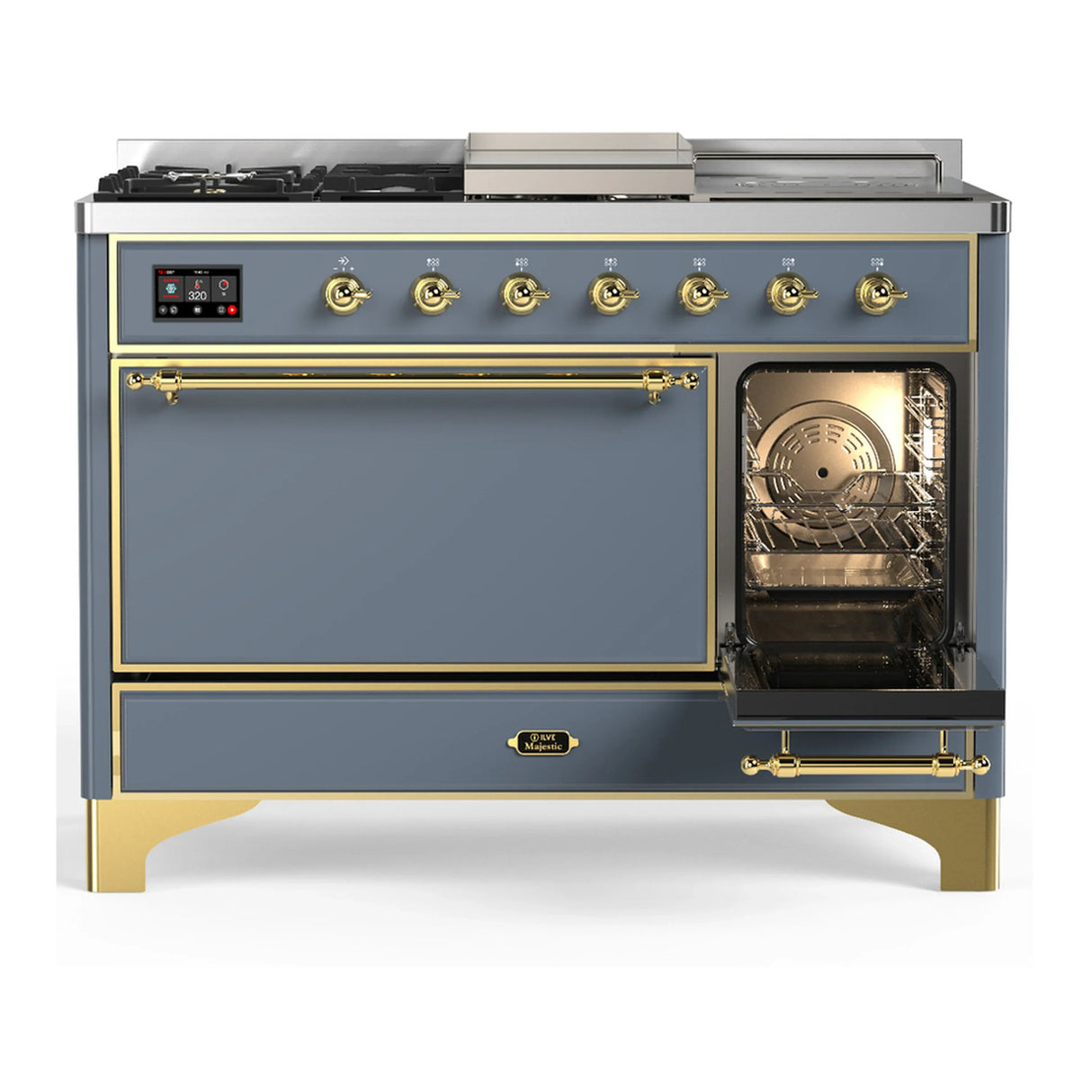 ILVE Majestic III 48-inch Dual Fuel Range with 5 Liquid Propane Burner, Griddle, French Top and Solid Door Electric Oven in Blue Grey with Brass Trim (UM48FSQNR3BGGLP)