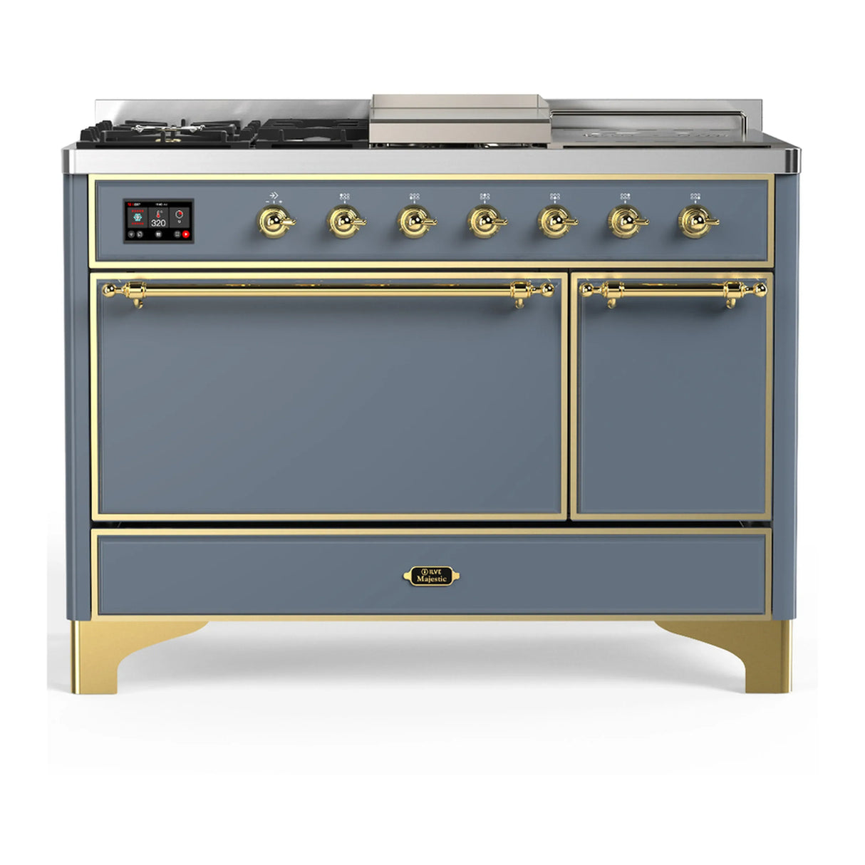 ILVE Majestic III 48-inch Dual Fuel Range with 5 Liquid Propane Burner, Griddle, French Top and Solid Door Electric Oven in Blue Grey with Brass Trim (UM48FSQNR3BGGLP)