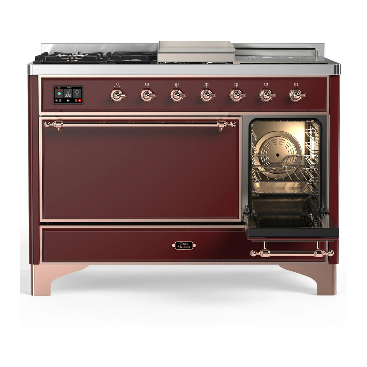 ILVE Majestic III 48-inch Dual Fuel Range with 5 Liquid Propane Burner, Griddle, French Top and Solid Door Electric Oven in Burgundy with Copper Trim (UM48FSQNR3BUPLP)