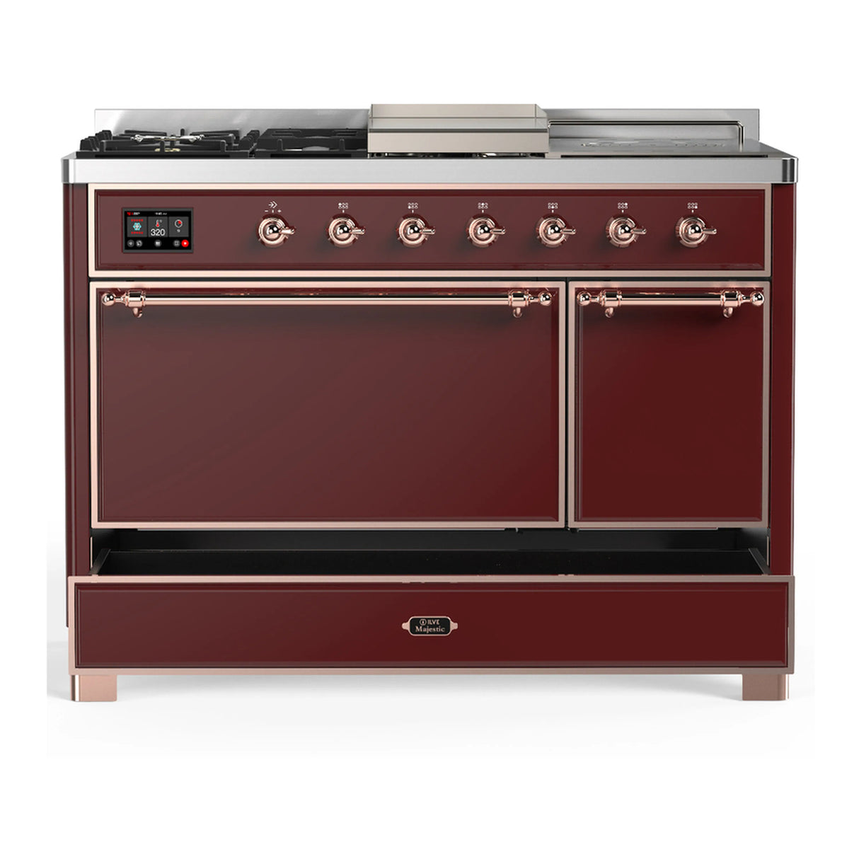 ILVE Majestic III 48-inch Dual Fuel Range with 5 Liquid Propane Burner, Griddle, French Top and Solid Door Electric Oven in Burgundy with Copper Trim (UM48FSQNR3BUPLP)