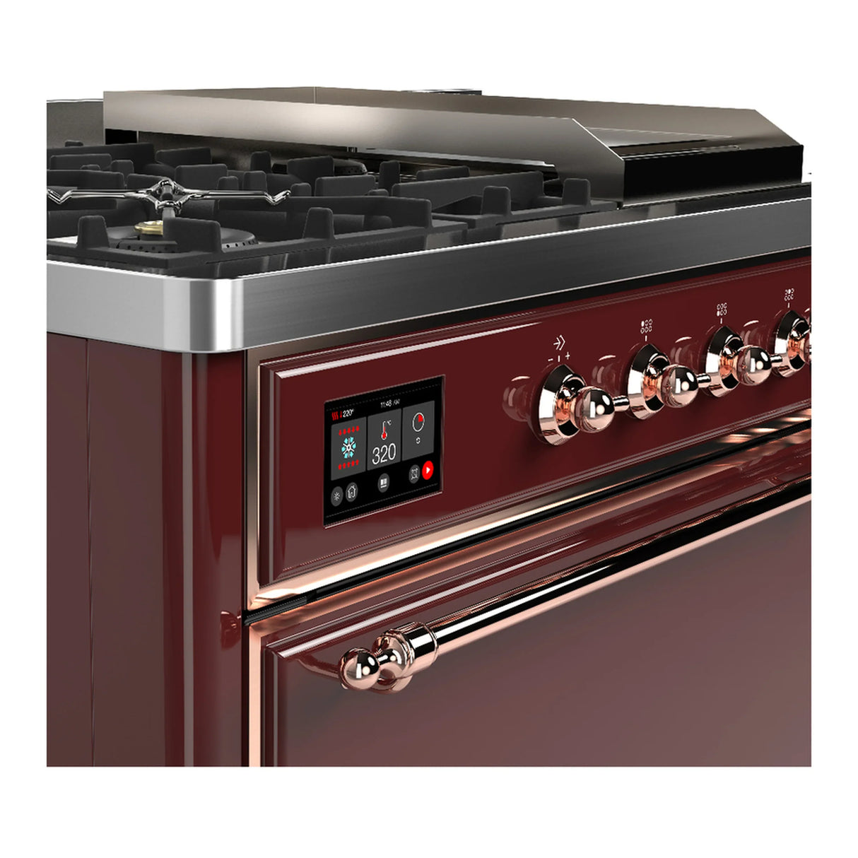 ILVE Majestic III 48-inch Dual Fuel Range with 5 Liquid Propane Burner, Griddle, French Top and Solid Door Electric Oven in Burgundy with Copper Trim (UM48FSQNR3BUPLP)