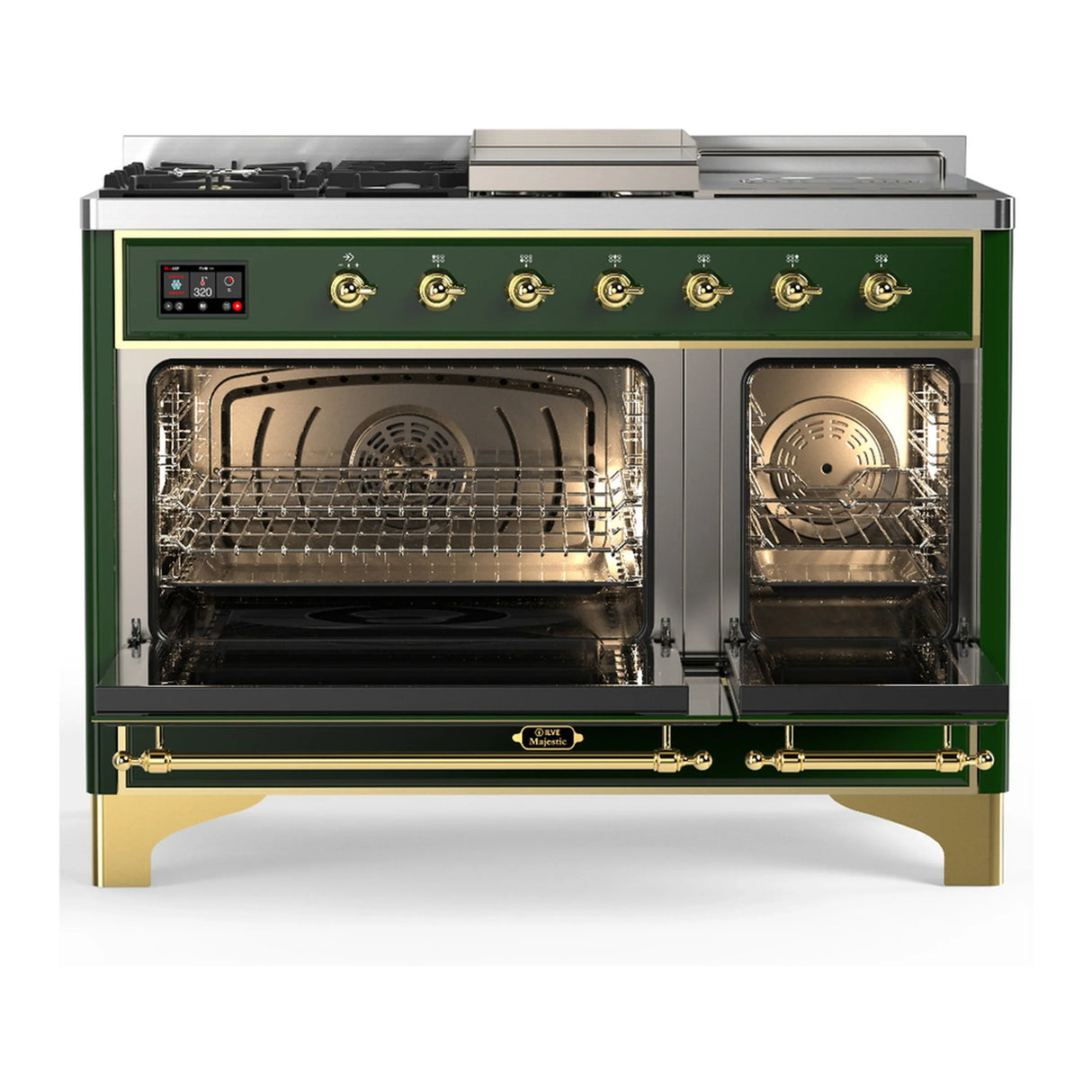 ILVE Majestic III 48-inch Dual Fuel Range with 5 Natural Gas Burner, Griddle, French Top and Solid Door Electric Oven in Emerald Green with Brass Trim (UM48FSQNR3EGG)