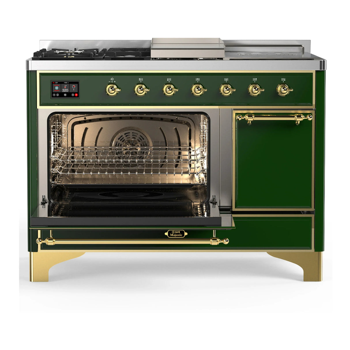 ILVE Majestic III 48-inch Dual Fuel Range with 5 Natural Gas Burner, Griddle, French Top and Solid Door Electric Oven in Emerald Green with Brass Trim (UM48FSQNR3EGG)