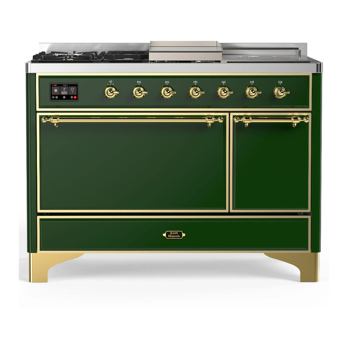 ILVE Majestic III 48-inch Dual Fuel Range with 5 Natural Gas Burner, Griddle, French Top and Solid Door Electric Oven in Emerald Green with Brass Trim (UM48FSQNR3EGG)