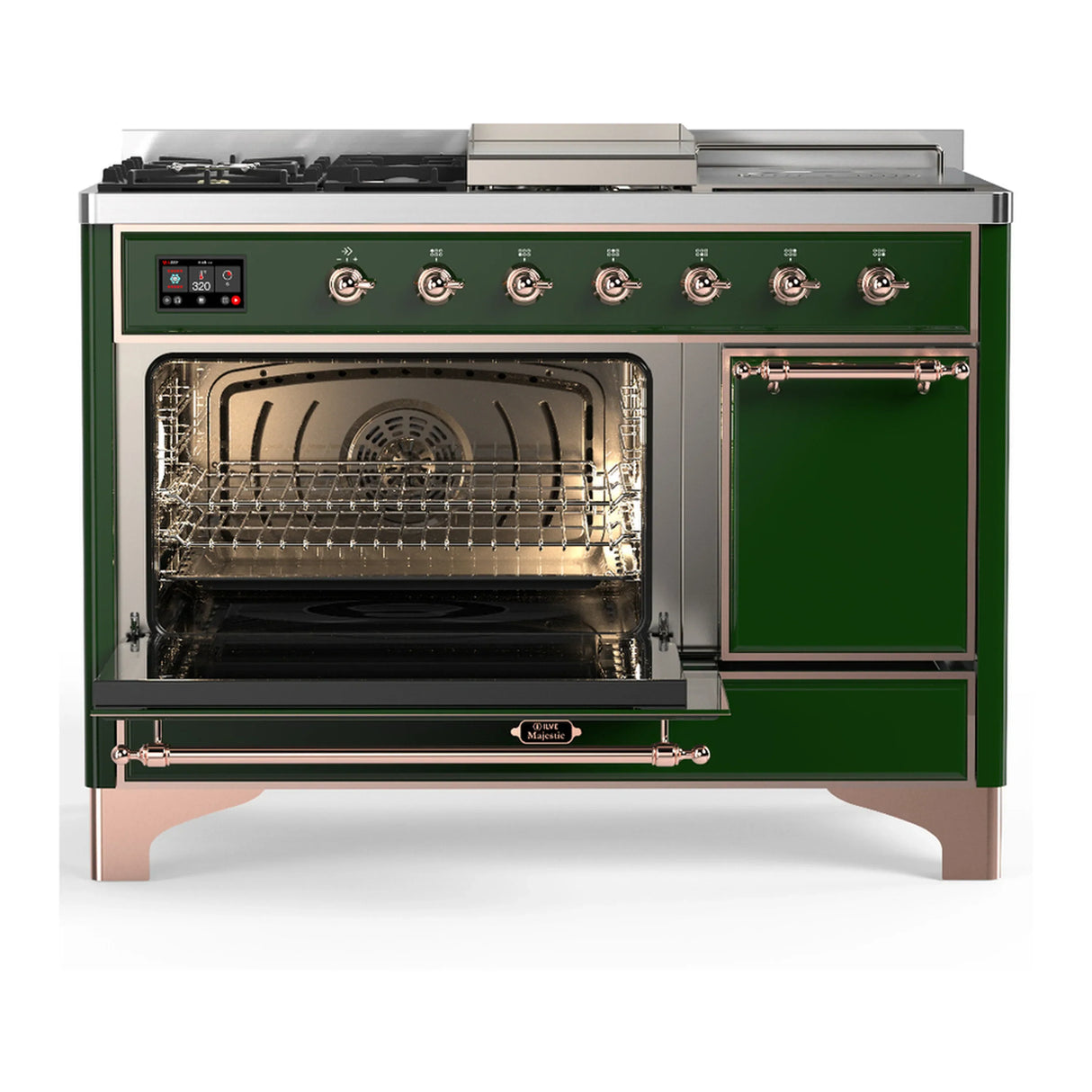 ILVE Majestic III 48-inch Dual Fuel Range with 5 Natural Gas Burner, Griddle, French Top and Solid Door Electric Oven in Emerald Green with Copper Trim (UM48FSQNR3EGP)