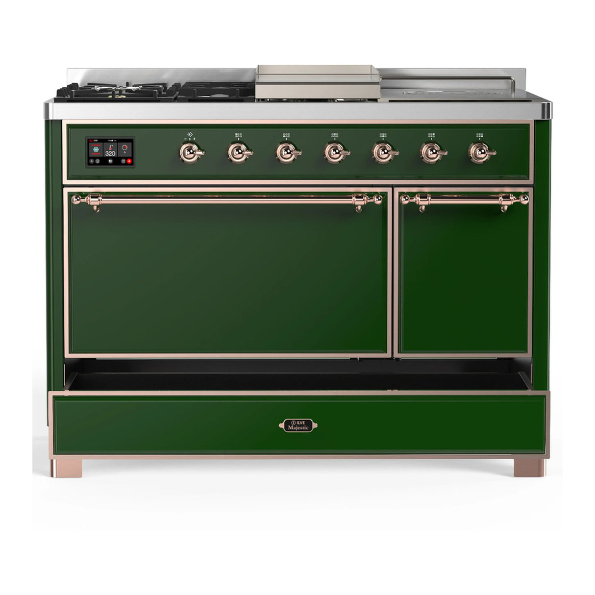 ILVE Majestic III 48-inch Dual Fuel Range with 5 Natural Gas Burner, Griddle, French Top and Solid Door Electric Oven in Emerald Green with Copper Trim (UM48FSQNR3EGP)