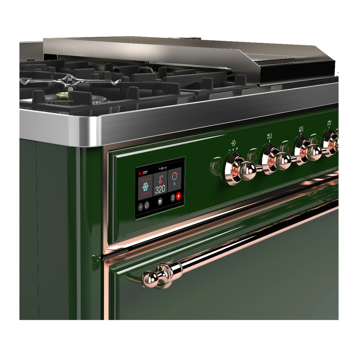 ILVE Majestic III 48-inch Dual Fuel Range with 5 Natural Gas Burner, Griddle, French Top and Solid Door Electric Oven in Emerald Green with Copper Trim (UM48FSQNR3EGP)