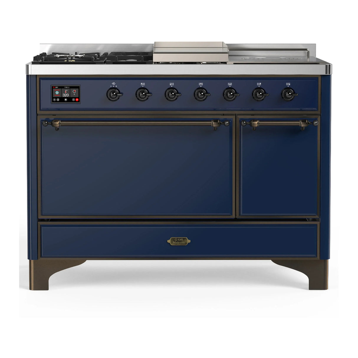 ILVE Majestic III 48-inch Dual Fuel Range with 5 Natural Gas Burner, Griddle, French Top and Solid Door Electric Oven in Midnight Blue with Burnished Trim (UM48FSQNR3MBB)