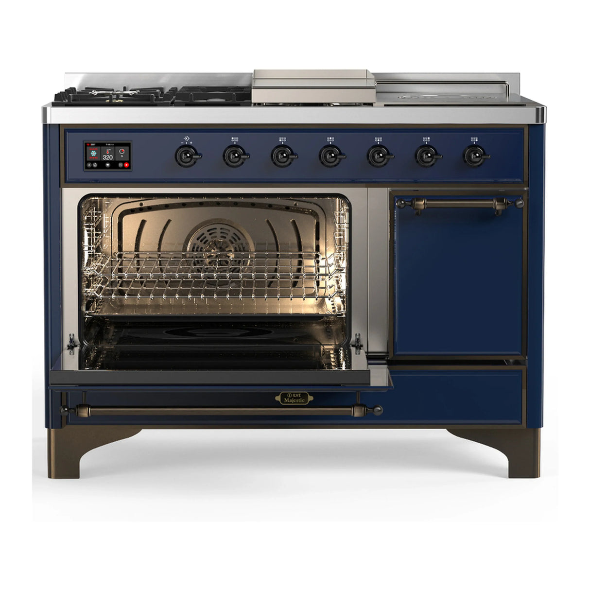 ILVE Majestic III 48-inch Dual Fuel Range with 5 Natural Gas Burner, Griddle, French Top and Solid Door Electric Oven in Midnight Blue with Burnished Trim (UM48FSQNR3MBB)