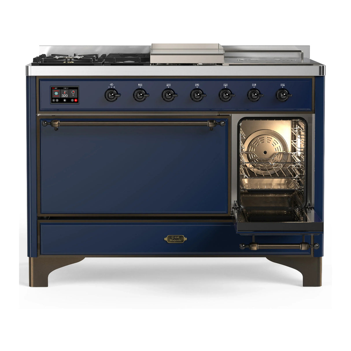 ILVE Majestic III 48-inch Dual Fuel Range with 5 Natural Gas Burner, Griddle, French Top and Solid Door Electric Oven in Midnight Blue with Burnished Trim (UM48FSQNR3MBB)