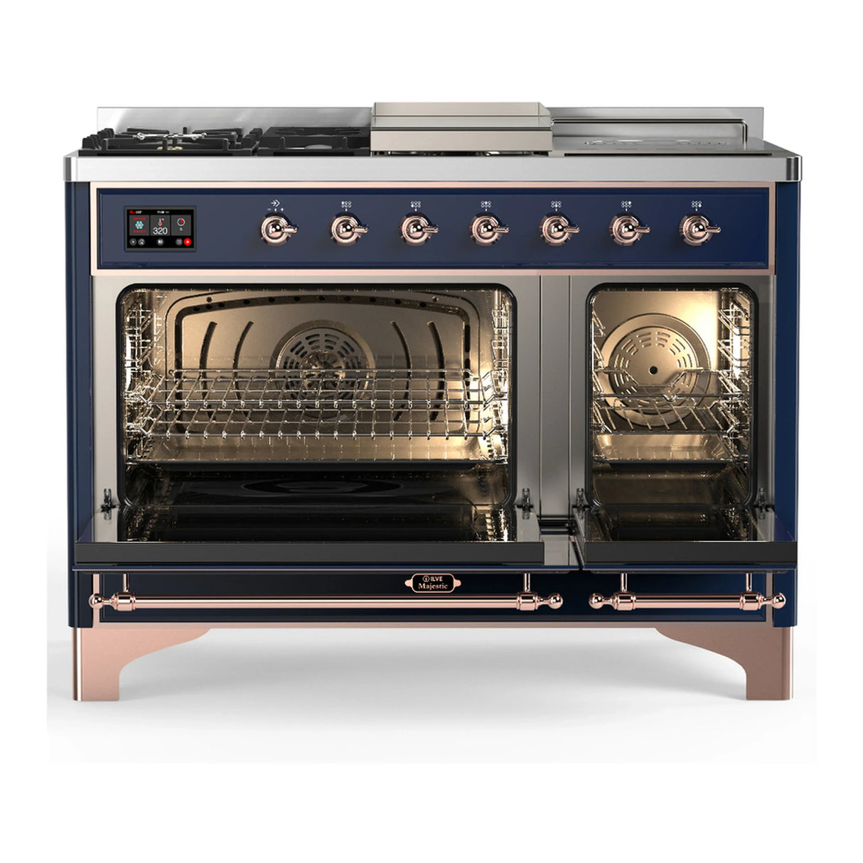 ILVE Majestic III 48-inch Dual Fuel Range with 5 Liquid Propane Burner, Griddle, French Top and Solid Door Electric Oven in Midnight Blue with Copper Trim (UM48FSQNR3MBPLP)