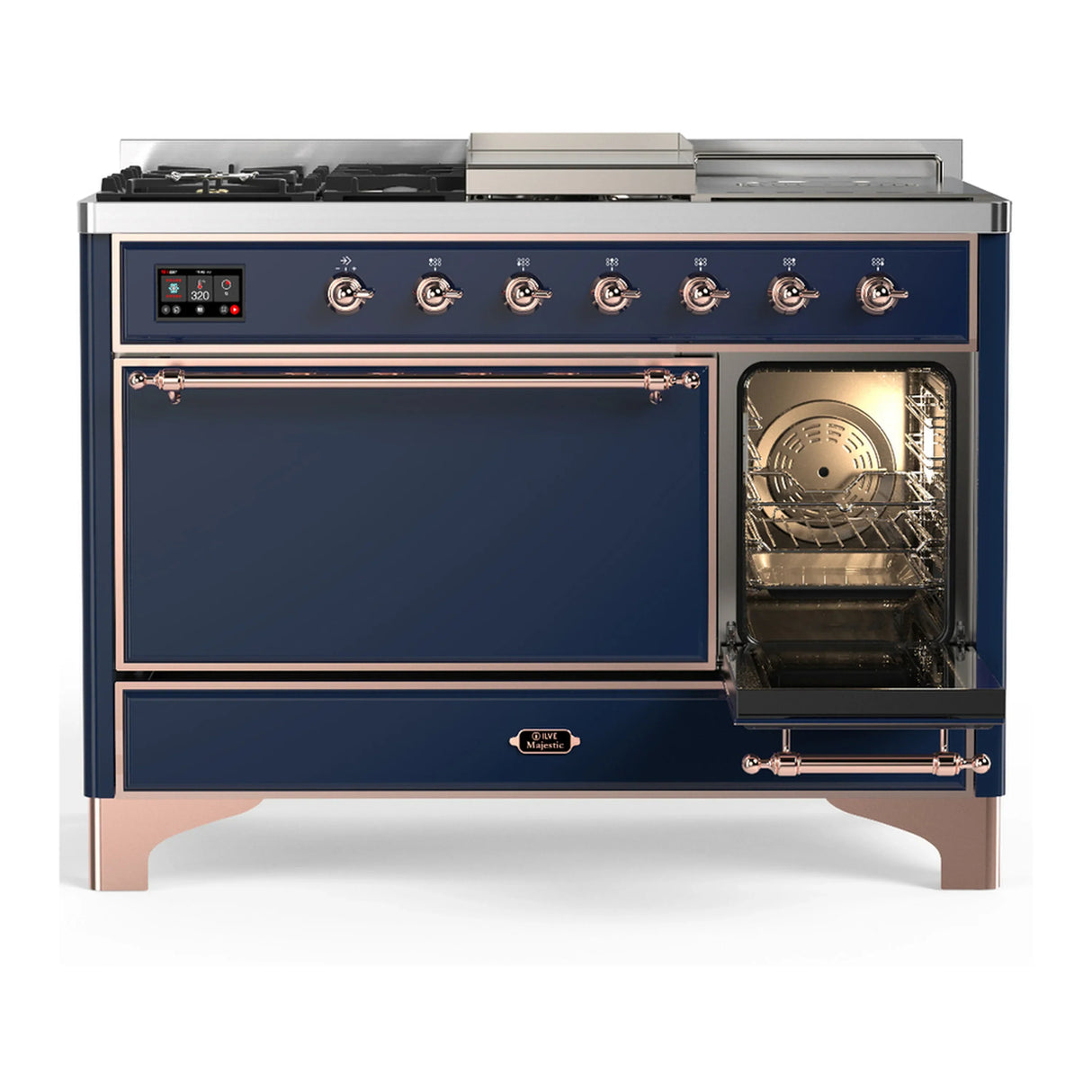ILVE Majestic III 48-inch Dual Fuel Range with 5 Liquid Propane Burner, Griddle, French Top and Solid Door Electric Oven in Midnight Blue with Copper Trim (UM48FSQNR3MBPLP)