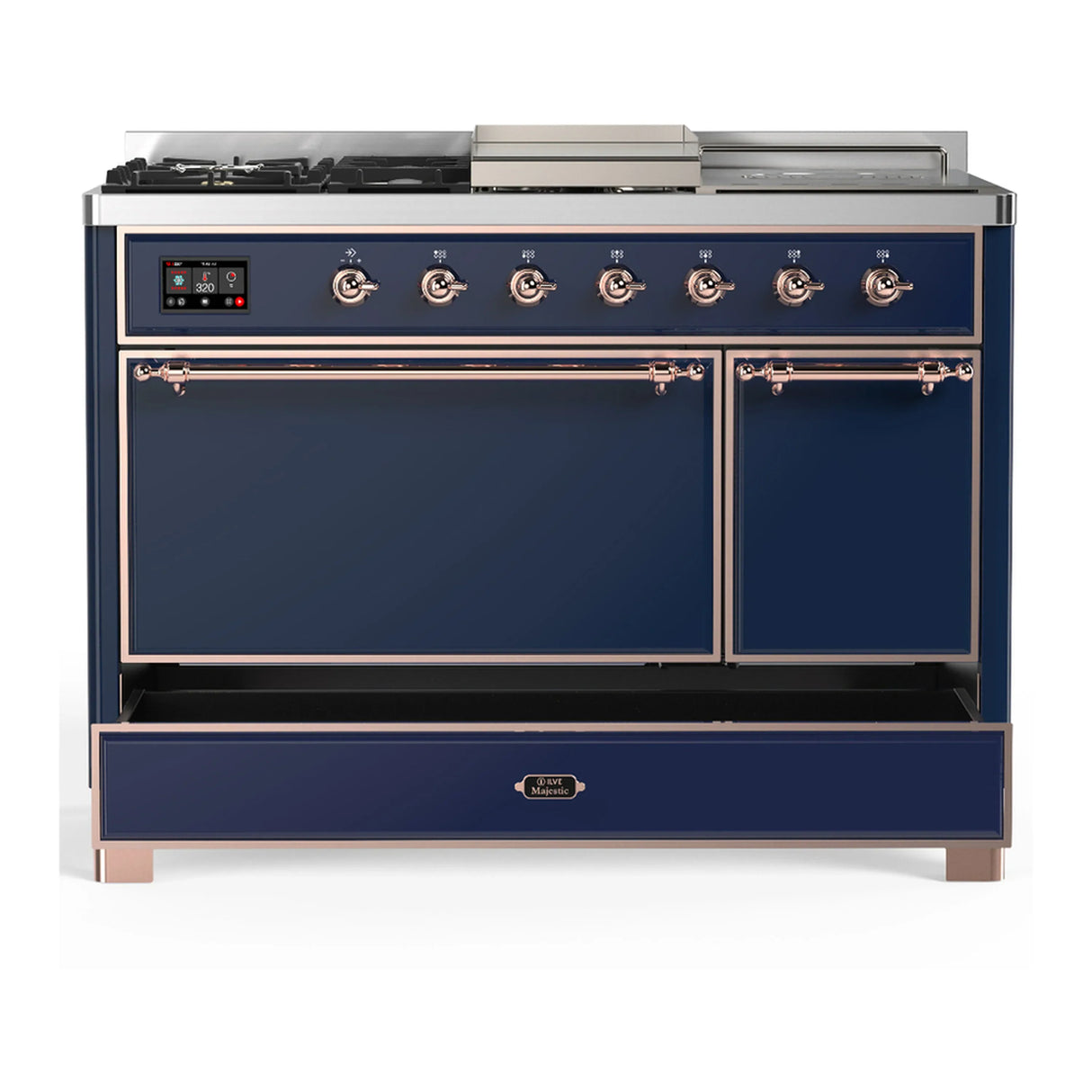 ILVE Majestic III 48-inch Dual Fuel Range with 5 Liquid Propane Burner, Griddle, French Top and Solid Door Electric Oven in Midnight Blue with Copper Trim (UM48FSQNR3MBPLP)