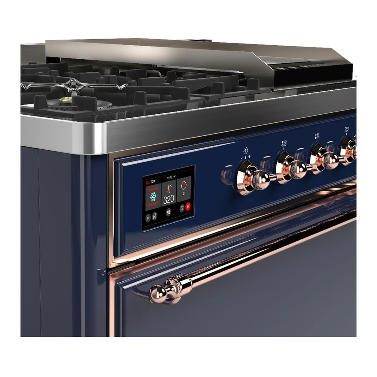 ILVE Majestic III 48-inch Dual Fuel Range with 5 Liquid Propane Burner, Griddle, French Top and Solid Door Electric Oven in Midnight Blue with Copper Trim (UM48FSQNR3MBPLP)