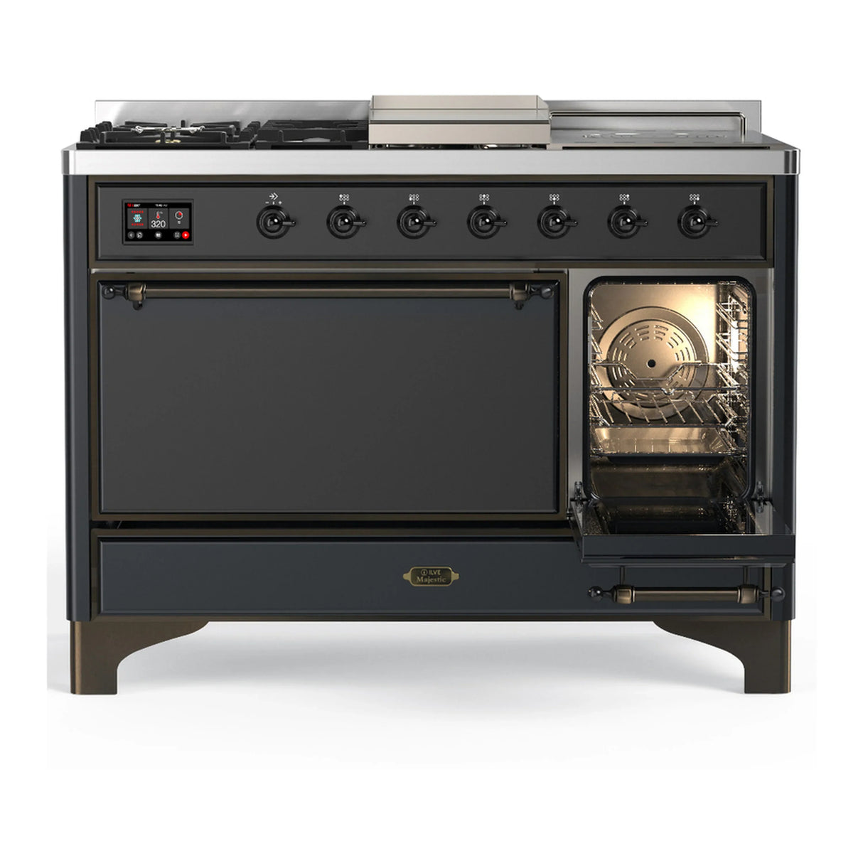 ILVE Majestic III 48-inch Dual Fuel Range with 5 Liquid Propane Burner, Griddle, French Top and Solid Door Electric Oven in Graphite Matte with Burnished Trim (UM48FSQNR3MGBLP)