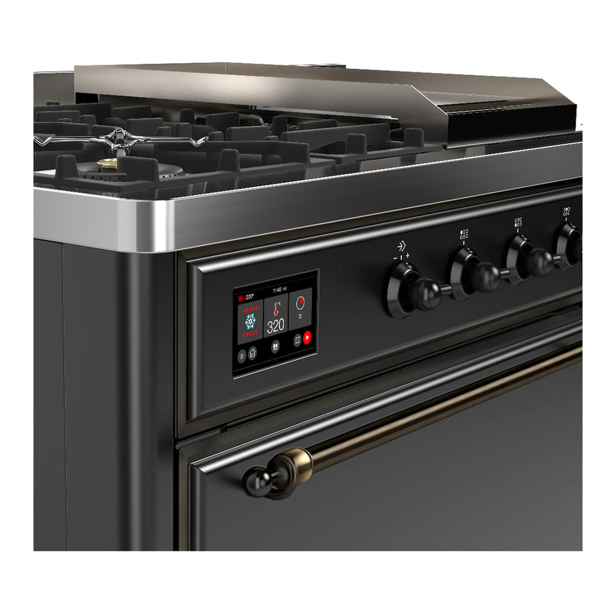 ILVE Majestic III 48-inch Dual Fuel Range with 5 Liquid Propane Burner, Griddle, French Top and Solid Door Electric Oven in Graphite Matte with Burnished Trim (UM48FSQNR3MGBLP)