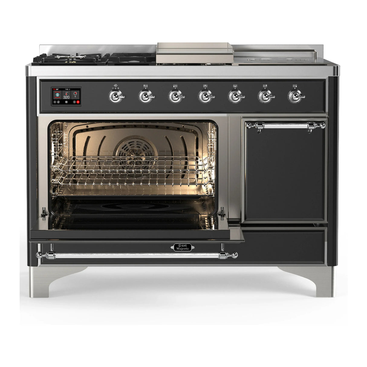 ILVE Majestic III 48-inch Dual Fuel Range with 5 Liquid Propane Burner, Griddle, French Top and Solid Door Electric Oven in Graphite Matte with Chrome Trim (UM48FSQNR3MGCLP)