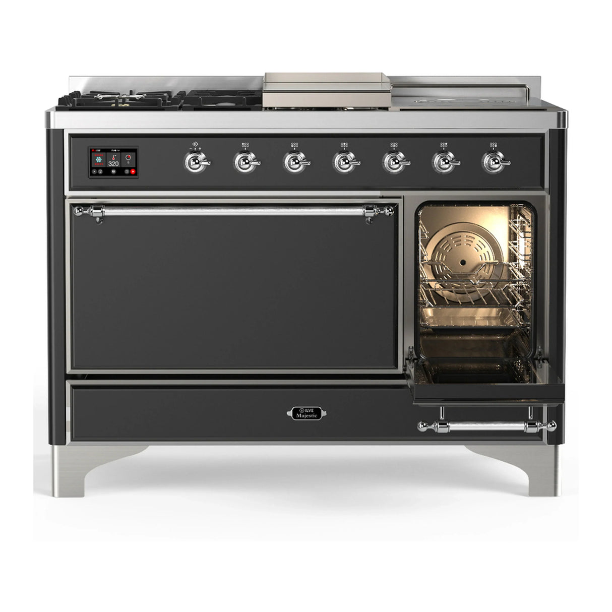 ILVE Majestic III 48-inch Dual Fuel Range with 5 Liquid Propane Burner, Griddle, French Top and Solid Door Electric Oven in Graphite Matte with Chrome Trim (UM48FSQNR3MGCLP)