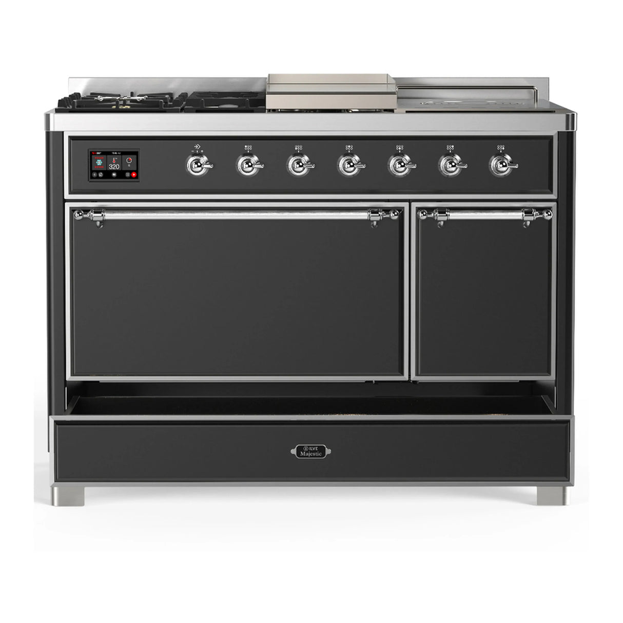 ILVE Majestic III 48-inch Dual Fuel Range with 5 Liquid Propane Burner, Griddle, French Top and Solid Door Electric Oven in Graphite Matte with Chrome Trim (UM48FSQNR3MGCLP)