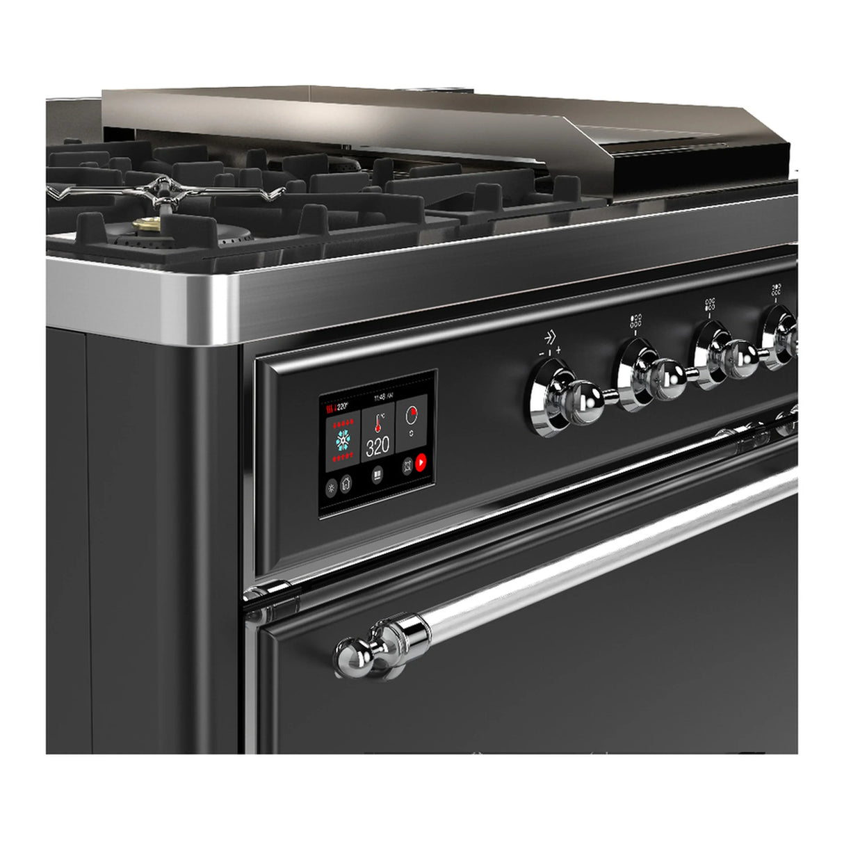 ILVE Majestic III 48-inch Dual Fuel Range with 5 Liquid Propane Burner, Griddle, French Top and Solid Door Electric Oven in Graphite Matte with Chrome Trim (UM48FSQNR3MGCLP)