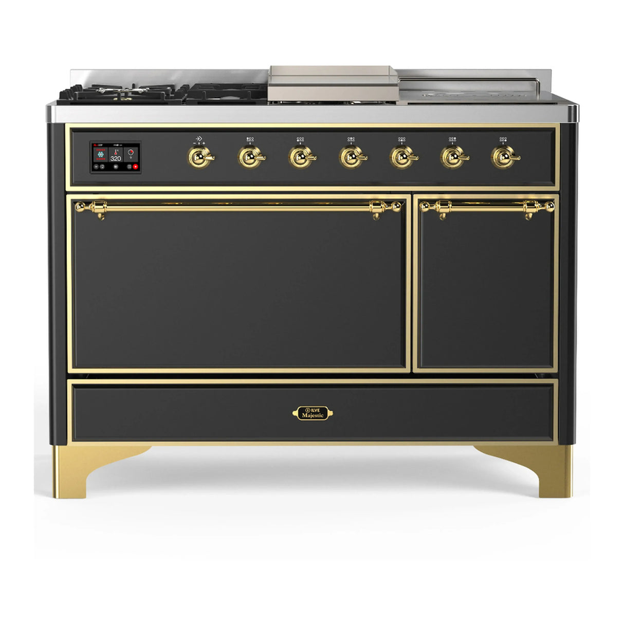 ILVE Majestic III 48-inch Dual Fuel Range with 5 Natural Gas Burner, Griddle, French Top and Solid Door Electric Oven in Graphite Matte with Brass Trim (UM48FSQNR3MGG)