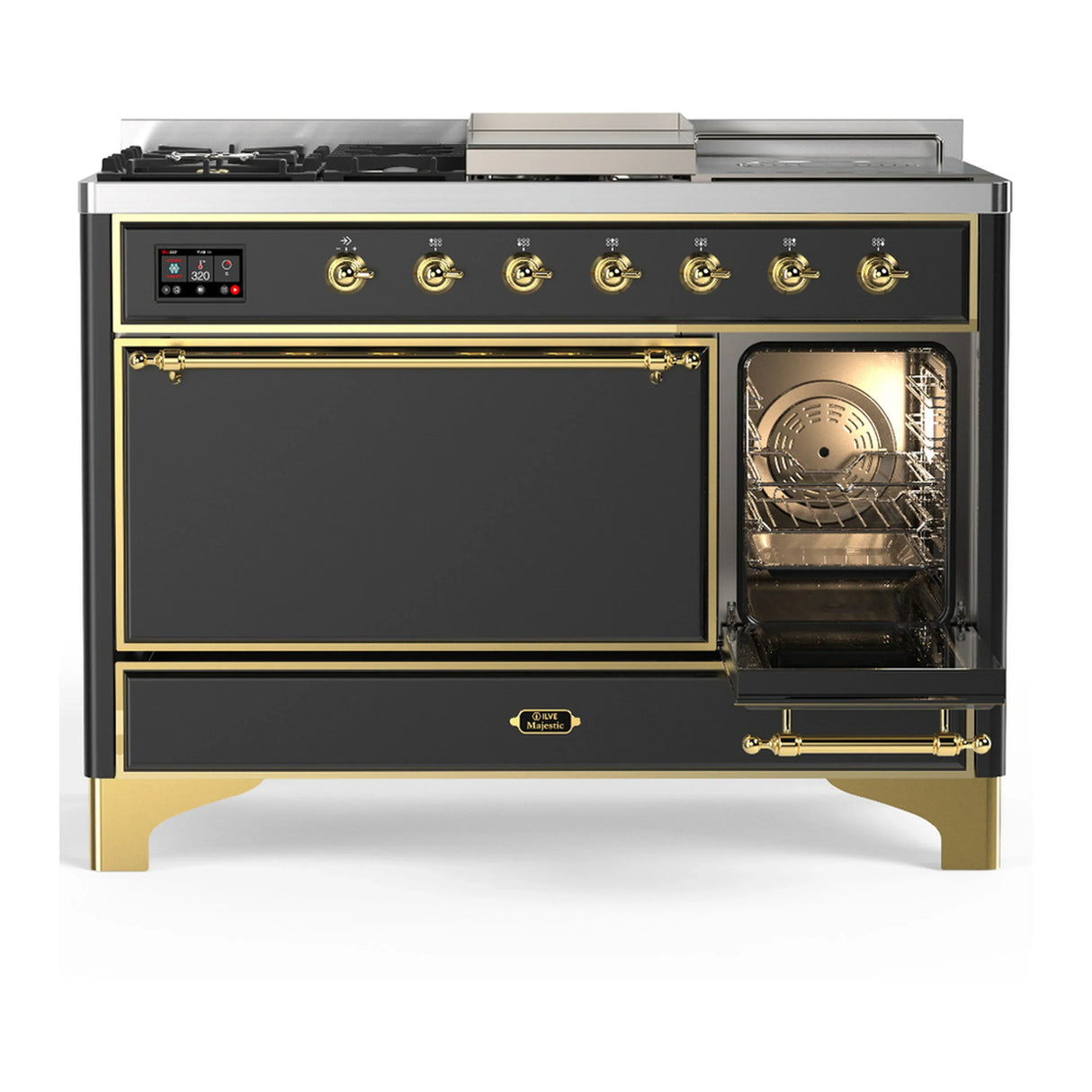 ILVE Majestic III 48-inch Dual Fuel Range with 5 Natural Gas Burner, Griddle, French Top and Solid Door Electric Oven in Graphite Matte with Brass Trim (UM48FSQNR3MGG)