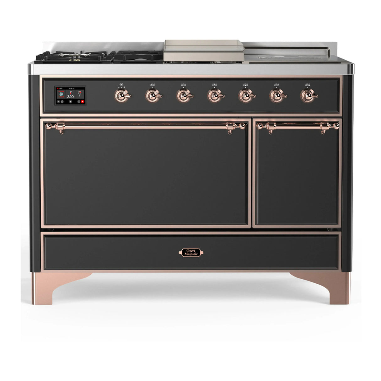 ILVE Majestic III 48-inch Dual Fuel Range with 5 Liquid Propane Burner, Griddle, French Top and Solid Door Electric Oven in Graphite Matte with Copper Trim (UM48FSQNR3MGPLP)